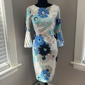 Calvin Klein Blue and Cream Floral Long Sleeve Dress